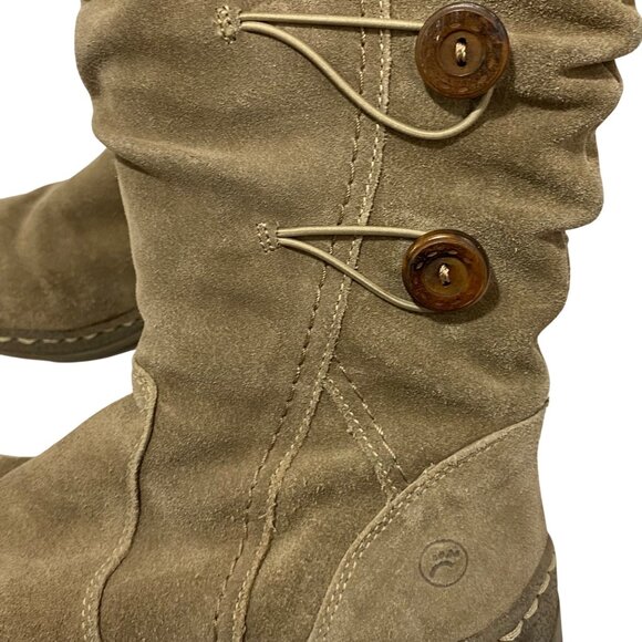 Bear Traps Stay Dry Suede Mid-Calf Tan Boots With Faux Fur Trim Button Accents - Picture 6 of 11